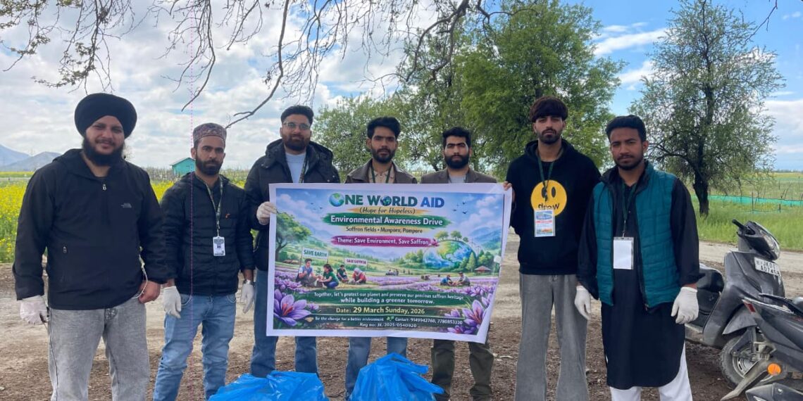 One World Aid Conducts Cleanliness Drive in Pampore Saffron Fields