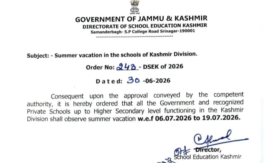 Schools Across Kashmir to Observe Summer Vacation from July 6