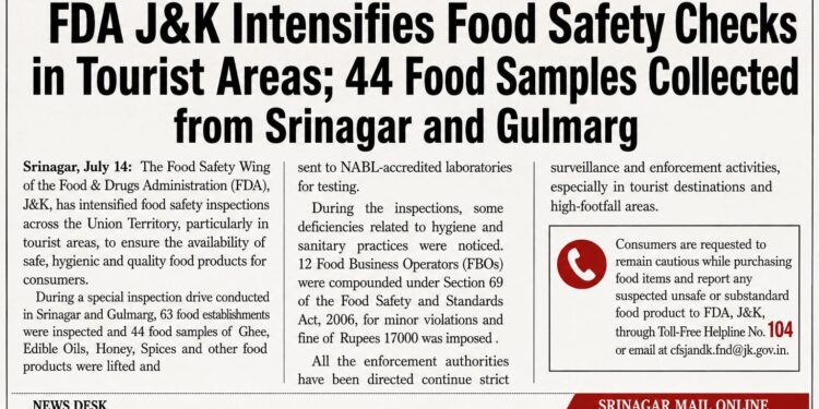 FDA J&K Intensifies Food Safety Checks in Tourist Areas; 44 Food Samples Collected from Srinagar and Gulmarg