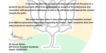 BJP suspends Er Ajaz for two years in Ganderbal over alleged misconduct